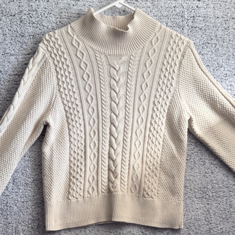 Gap Women L 100% Cotton Fisherman Cable Knit Mock Neck Sweater Beige Ivory